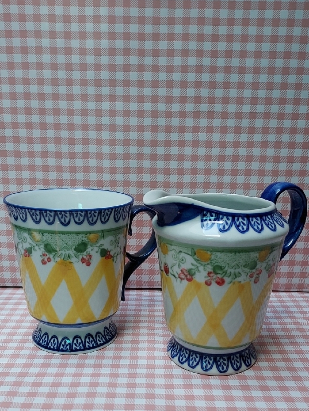 Blue Yellow Strawberry Hand Painted Ceramic Set Pitcher Sugar Bowl Creamer Mug - Picture 6 of 10